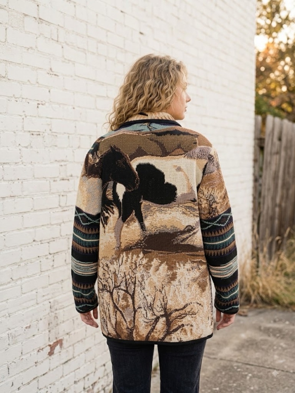 Vintage Horses Southwestern Blanket Coat Woven Graphic Tapestry Jacket 90s small